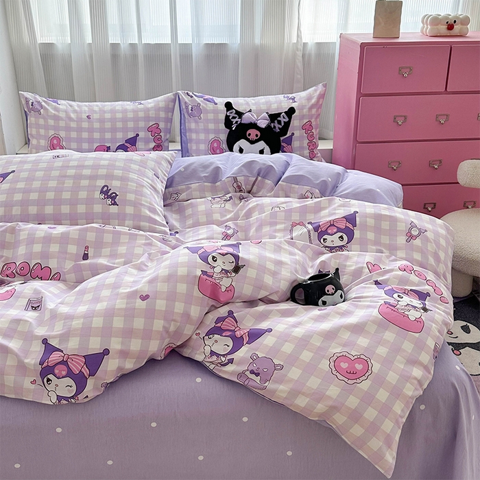 91家纺网 家纺一手货源 找家纺 玉元坊 2025新款三丽鸥系列 纯棉床单全棉床裙三四件套 基础款 紫格库洛米【简约款】