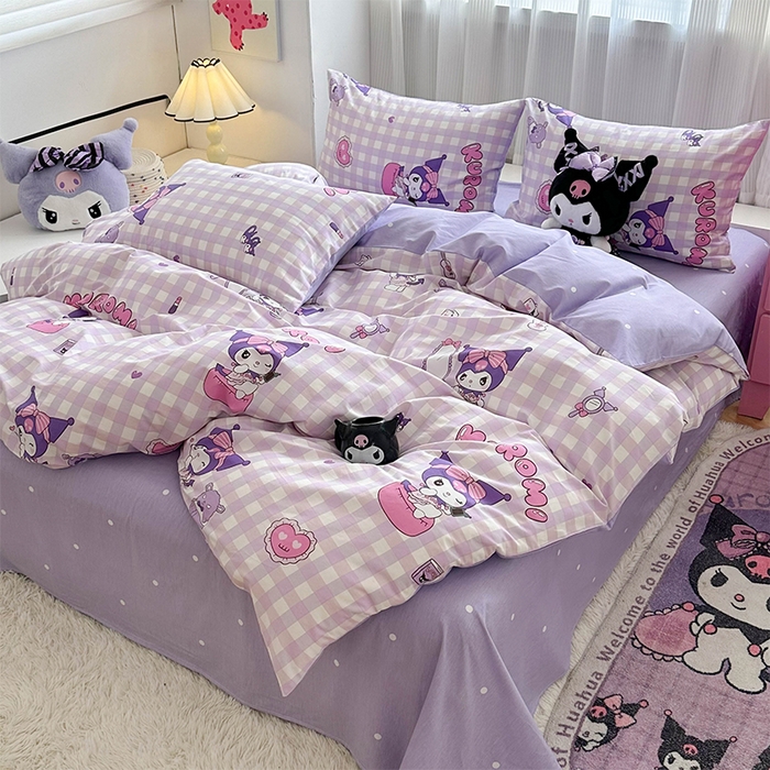 91家纺网 家纺一手货源 找家纺 玉元坊 2025新款三丽鸥系列 纯棉床单全棉床裙三四件套 基础款 紫格库洛米【简约款】