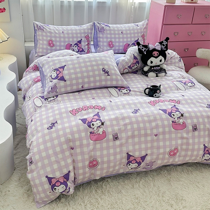 91家纺网 家纺一手货源 找家纺 玉元坊 2025新款三丽鸥系列 纯棉床单全棉床裙三四件套 基础款 紫格库洛米【简约款】