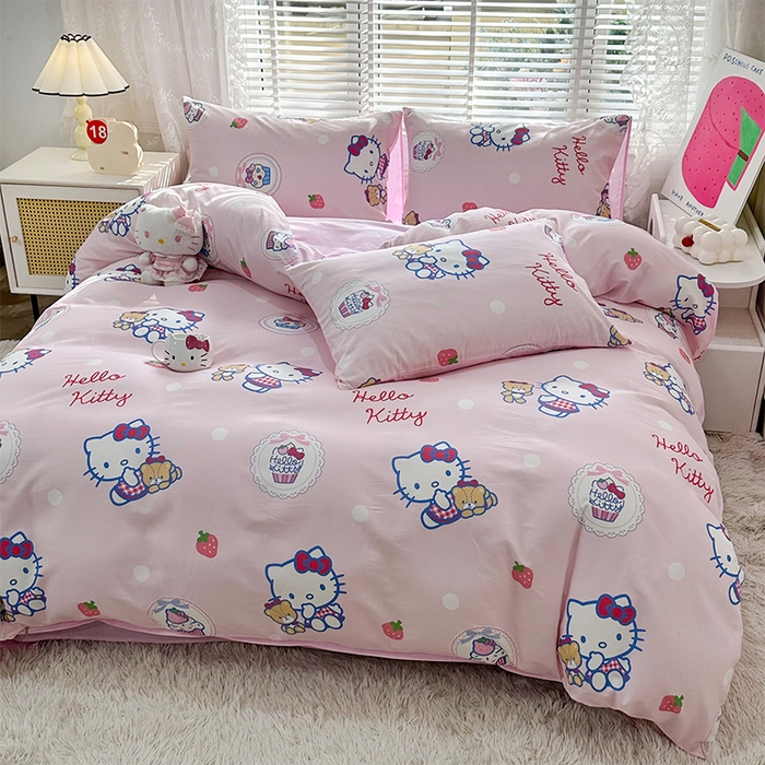 91家纺网 家纺一手货源 找家纺 玉元坊 2025新款三丽鸥系列 纯棉床单全棉床裙三四件套 基础款 KT和熊粉-基础款