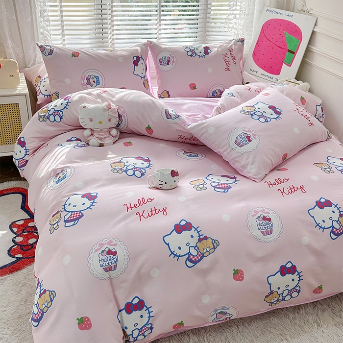 91家纺网 家纺一手货源 找家纺 玉元坊 2025新款三丽鸥系列 纯棉床单全棉床裙三四件套 基础款 KT和熊粉-基础款