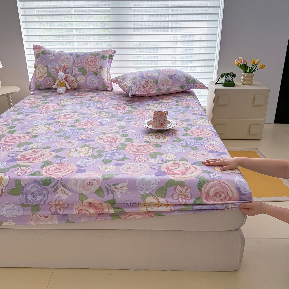 91家纺网 家纺一手货源 找家纺 壹贝家纺 2025新款A类印花全棉床笠 国色天香