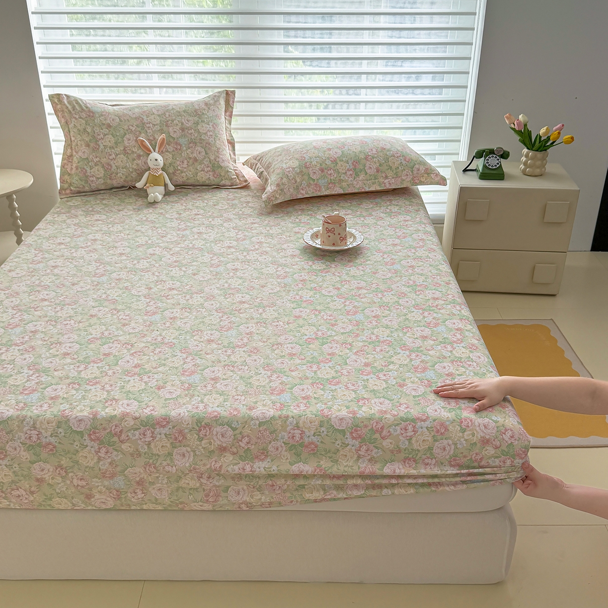 91家纺网 家纺一手货源 找家纺 壹贝家纺 2025新款A类印花全棉床笠 玫瑰的故事