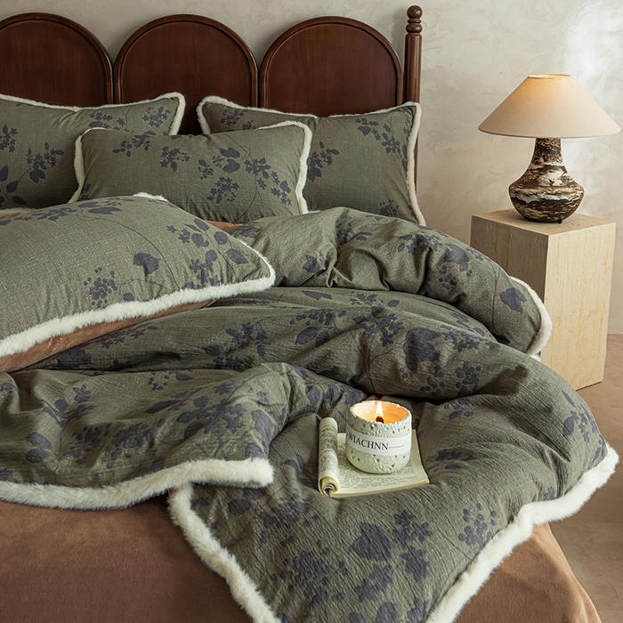 91家纺网 家纺一手货源 找家纺 迷尚家居 2025新款复古色织棉麻牛奶绒棉加绒四件套 颂青时-绒