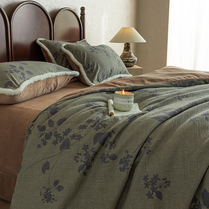 91家纺网 家纺一手货源 找家纺 迷尚家居 2025新款复古色织棉麻牛奶绒棉加绒四件套 颂青时-绒