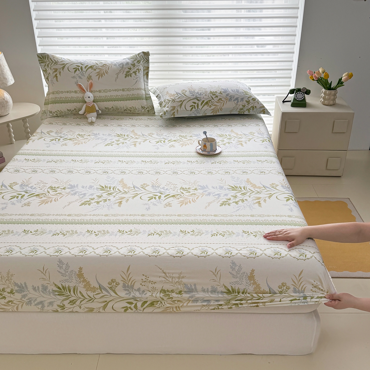 91家纺网 家纺一手货源 找家纺 壹贝家纺 2025新款A类印花全棉床笠 沐雅清风