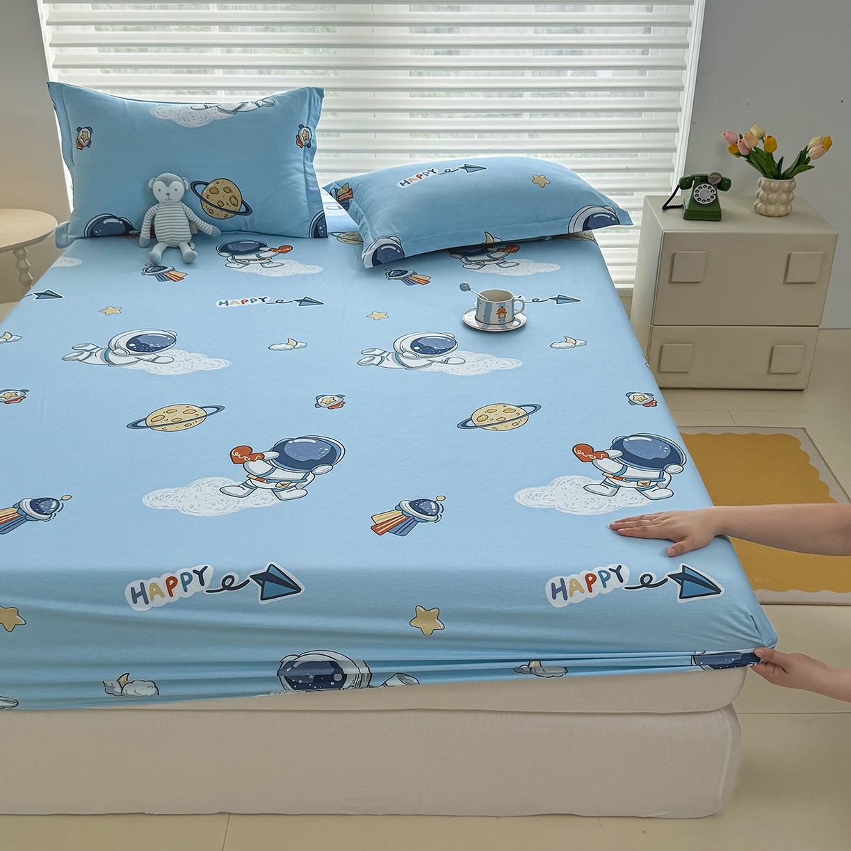 91家纺网 家纺一手货源 找家纺 壹贝家纺 2025新款A类印花全棉床笠 太空奇遇