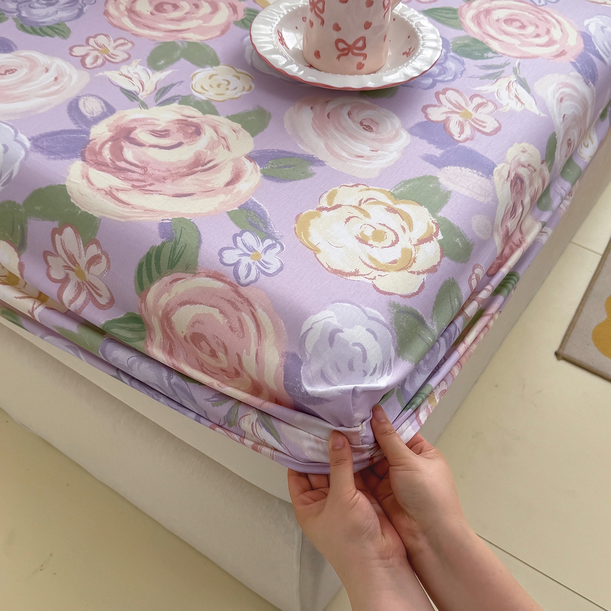 91家纺网 家纺一手货源 找家纺 壹贝家纺 2025新款A类印花全棉床笠 国色天香