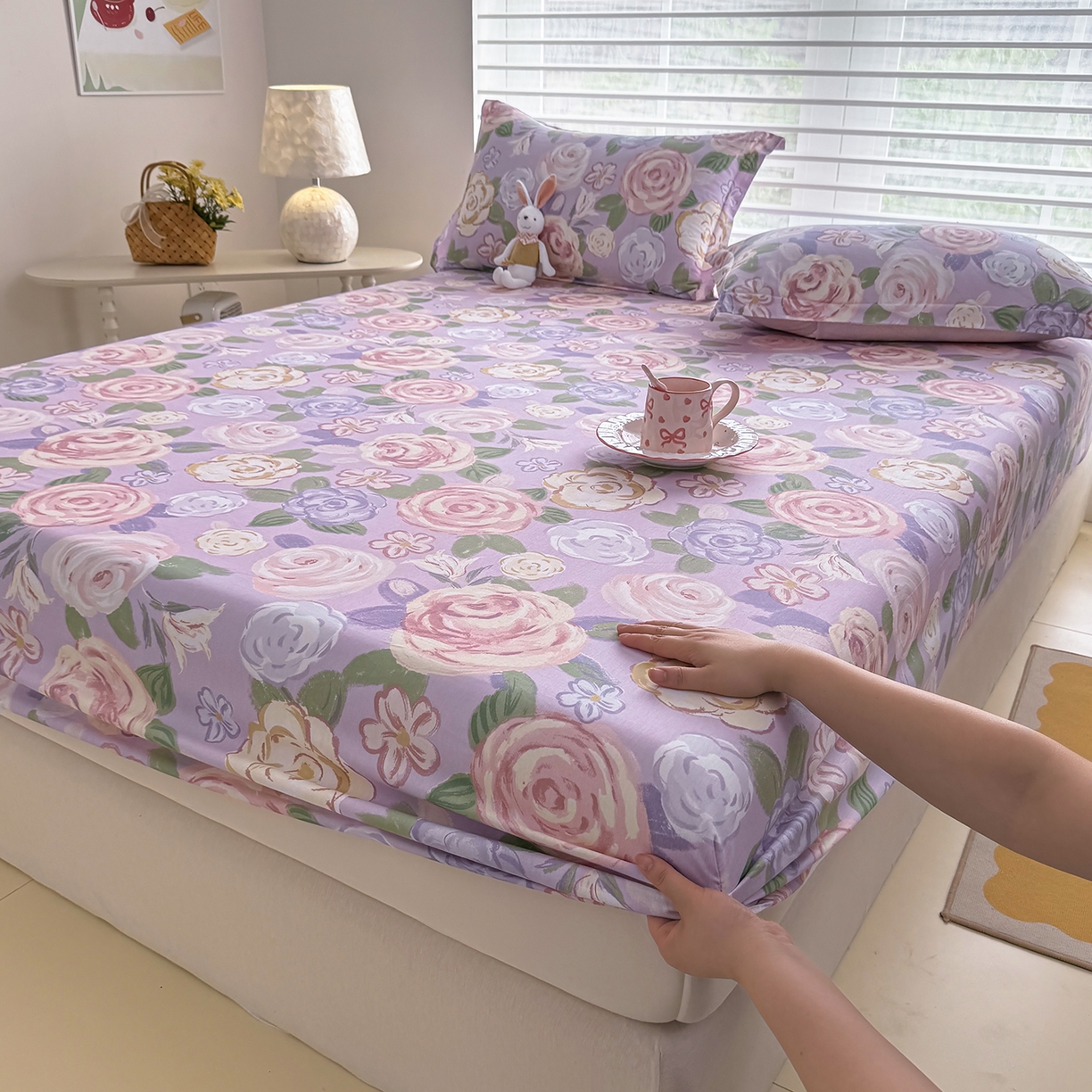 91家纺网 家纺一手货源 找家纺 壹贝家纺 2025新款A类印花全棉床笠 国色天香