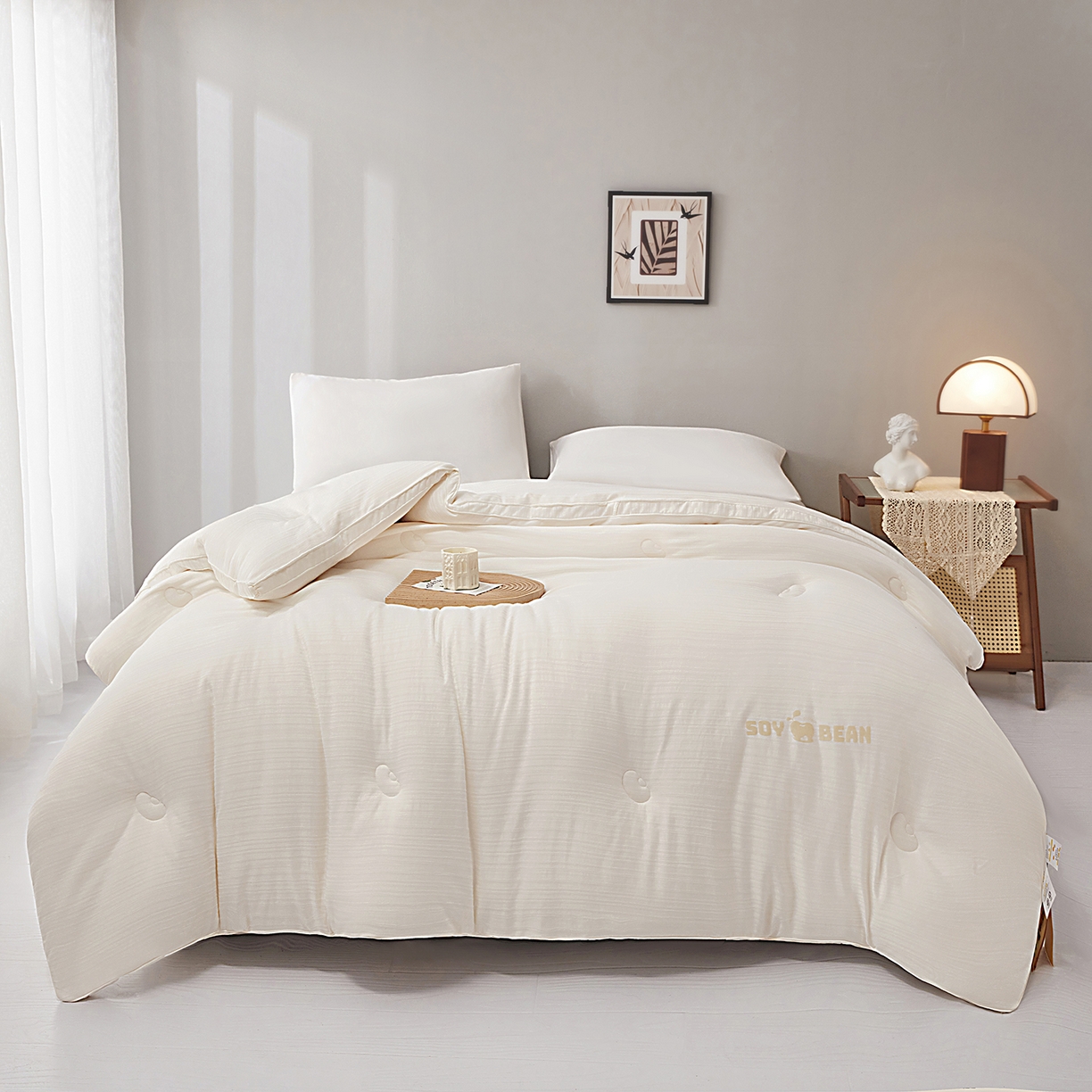 91家纺网 家纺一手货源 找家纺 恒科家纺 2025新款提花55%李官奇大豆纤维大豆被春秋被冬被被芯空调被 提花-云绒白