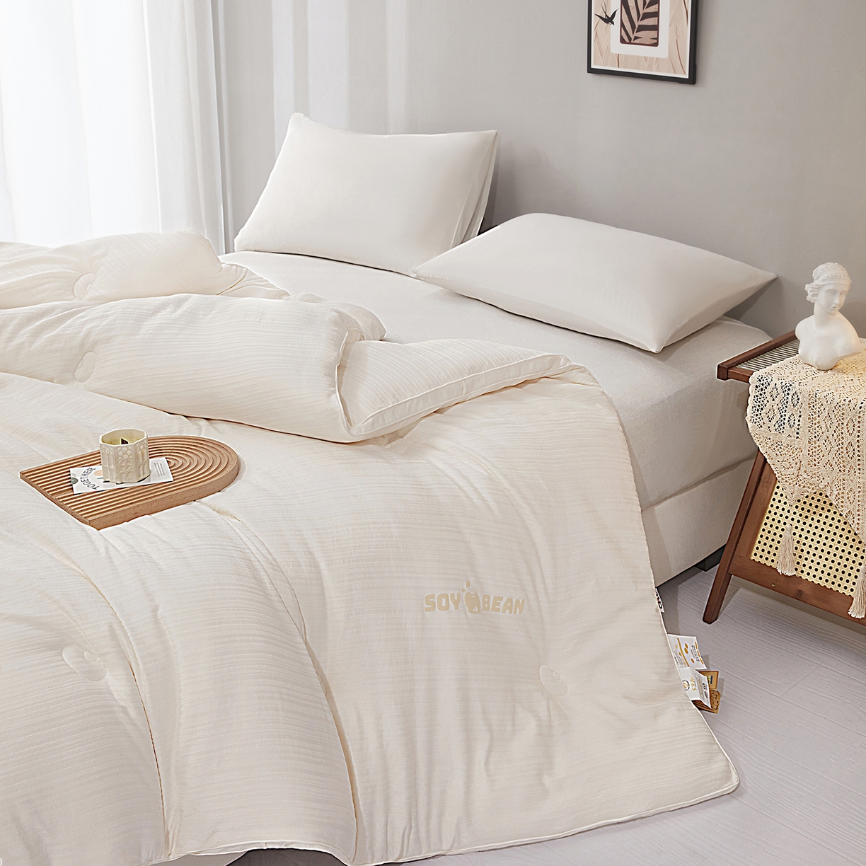 91家纺网 家纺一手货源 找家纺 恒科家纺 2025新款提花55%李官奇大豆纤维大豆被春秋被冬被被芯空调被 提花-云绒白