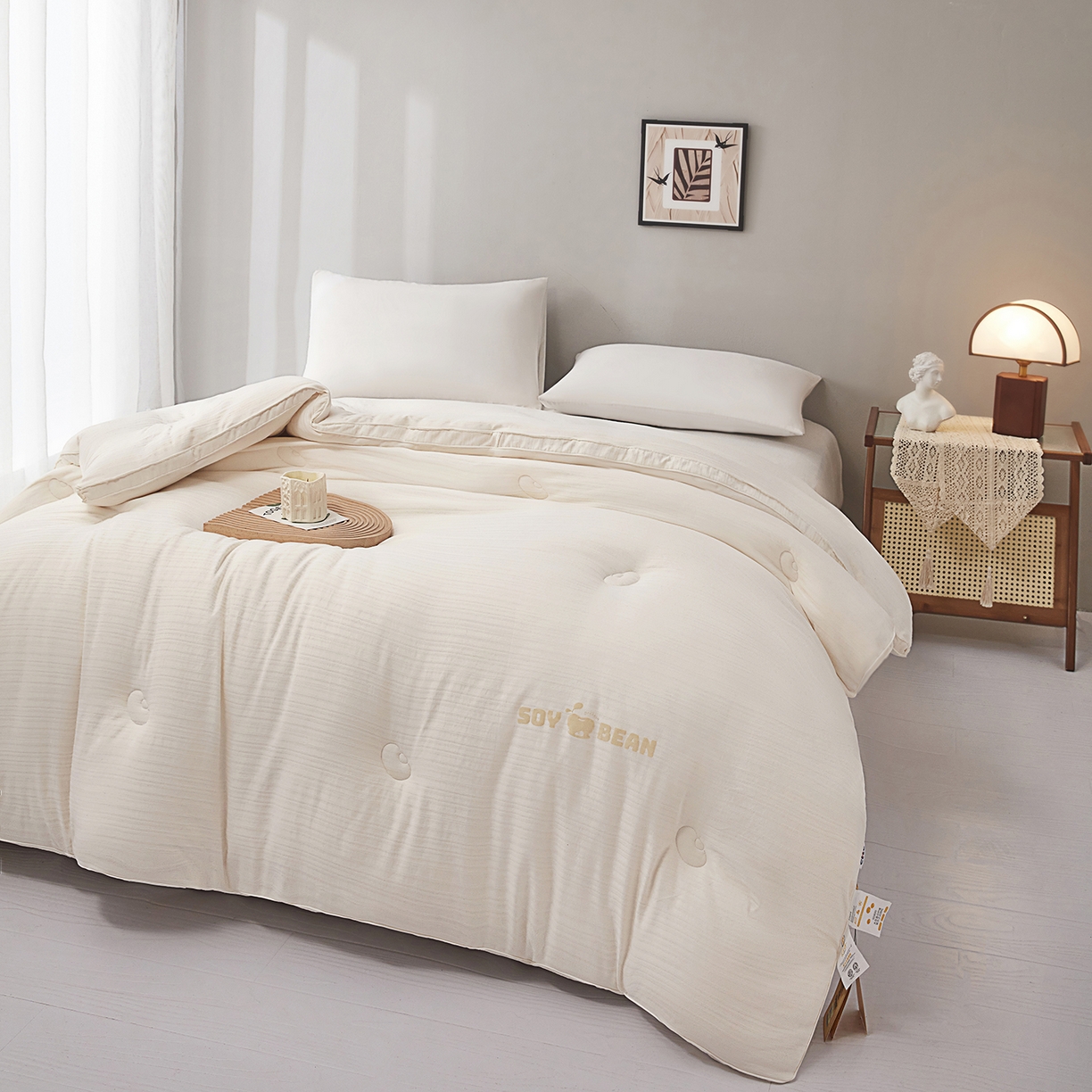 91家纺网 家纺一手货源 找家纺 恒科家纺 2025新款提花55%李官奇大豆纤维大豆被春秋被冬被被芯空调被 提花-云绒白