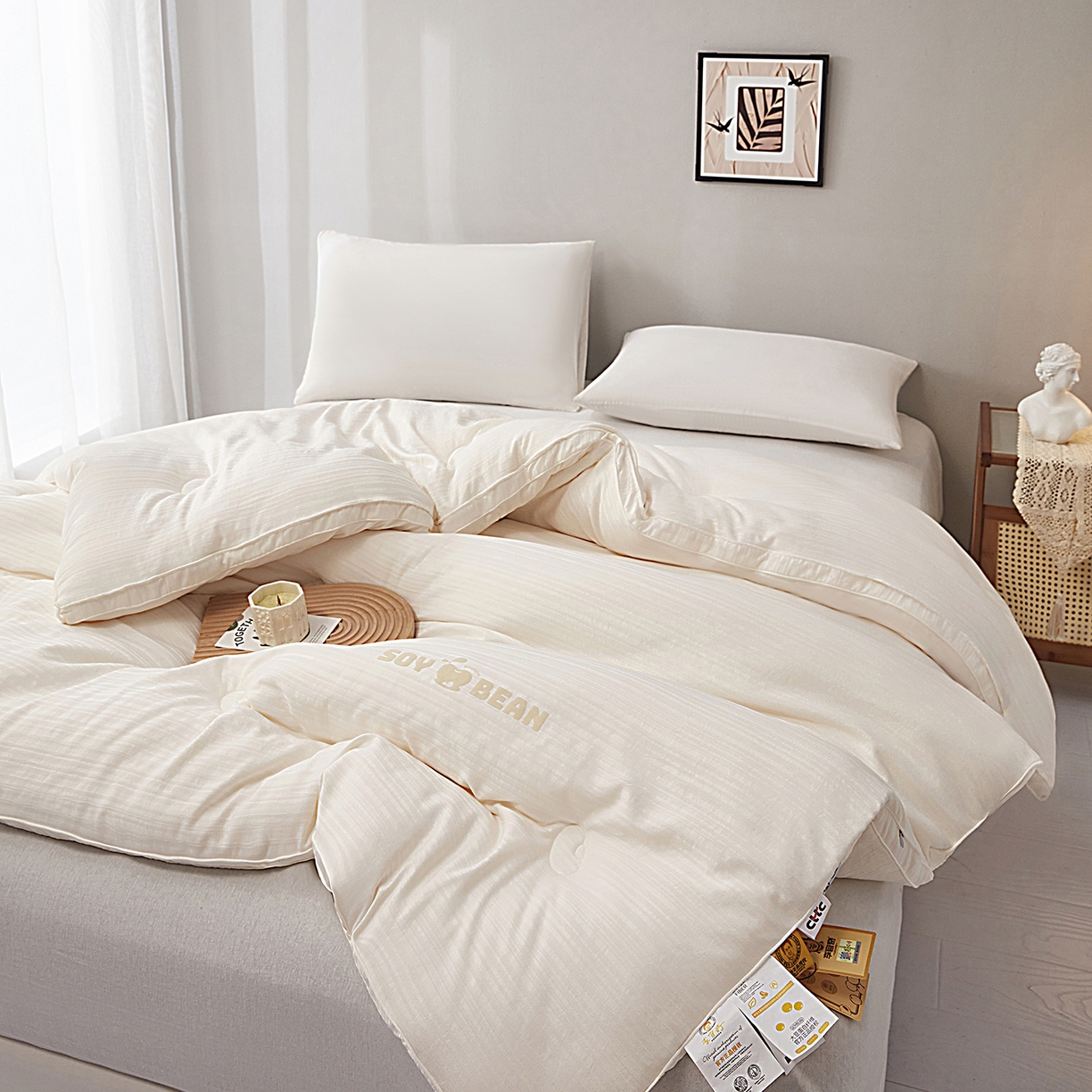 91家纺网 家纺一手货源 找家纺 恒科家纺 2025新款提花55%李官奇大豆纤维大豆被春秋被冬被被芯空调被 提花-云绒白