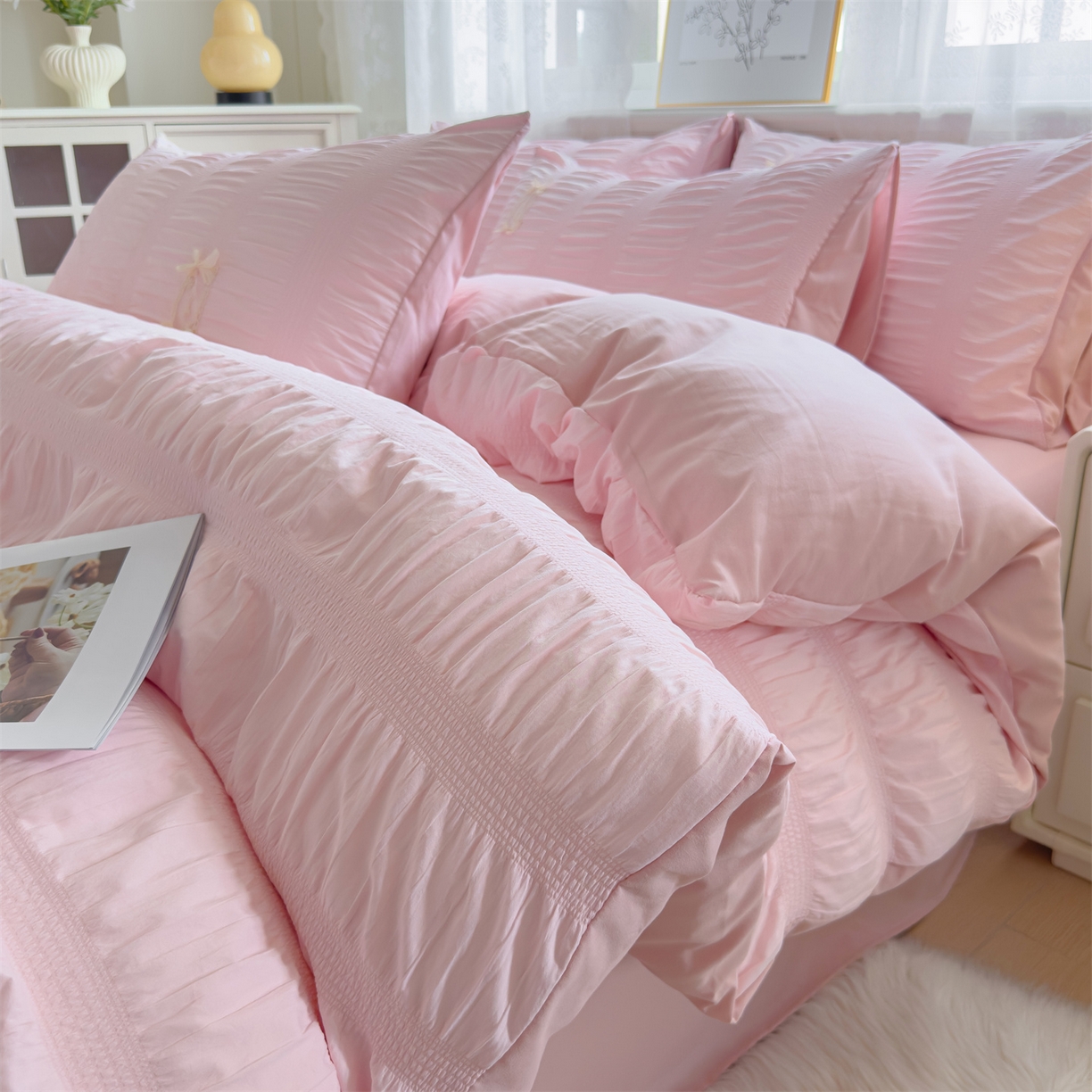 91家纺网 家纺一手货源 找家纺 梦庭帛美 2025新款韩版公主风可乐泡泡纱四件套 奶油黄