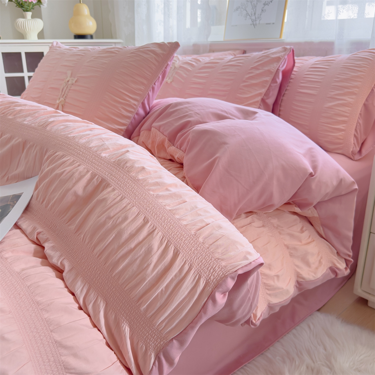 91家纺网 家纺一手货源 找家纺 梦庭帛美 2025新款韩版公主风可乐泡泡纱四件套 豆沙粉