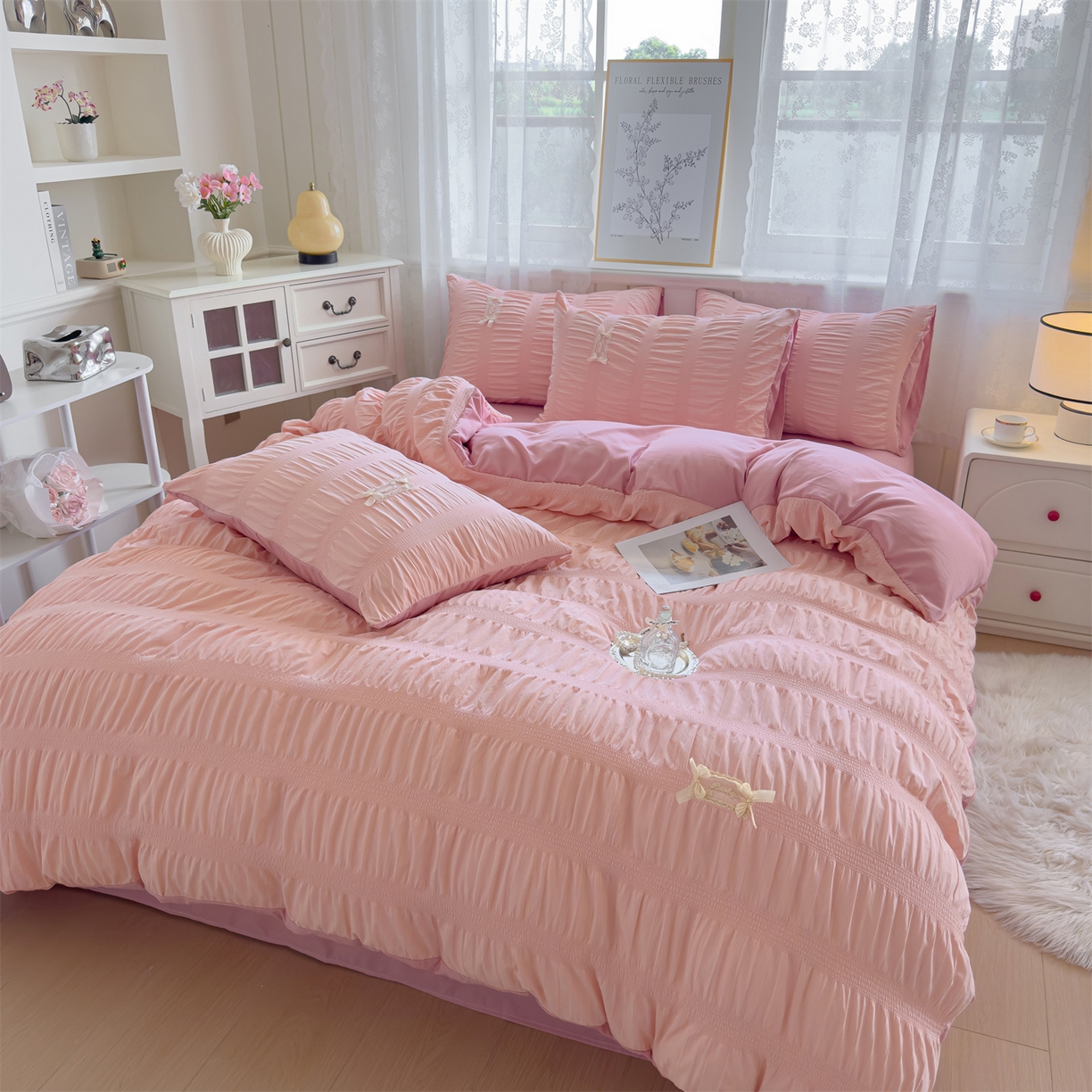 91家纺网 家纺一手货源 找家纺 梦庭帛美 2025新款韩版公主风可乐泡泡纱四件套 豆沙粉