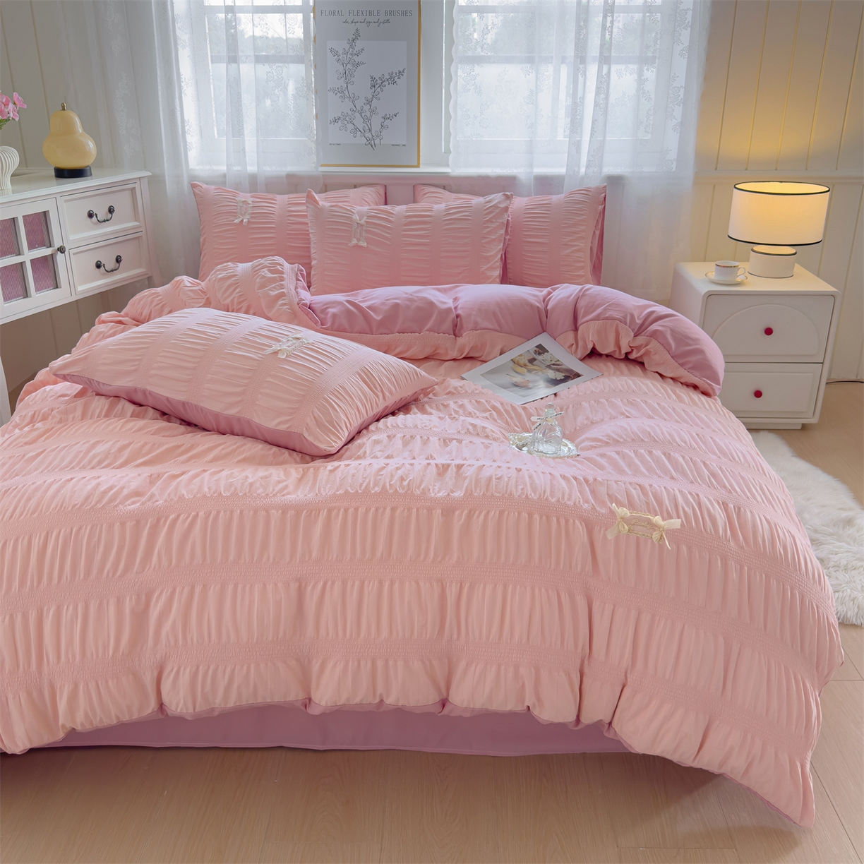 91家纺网 家纺一手货源 找家纺 梦庭帛美 2025新款韩版公主风可乐泡泡纱四件套 豆沙粉