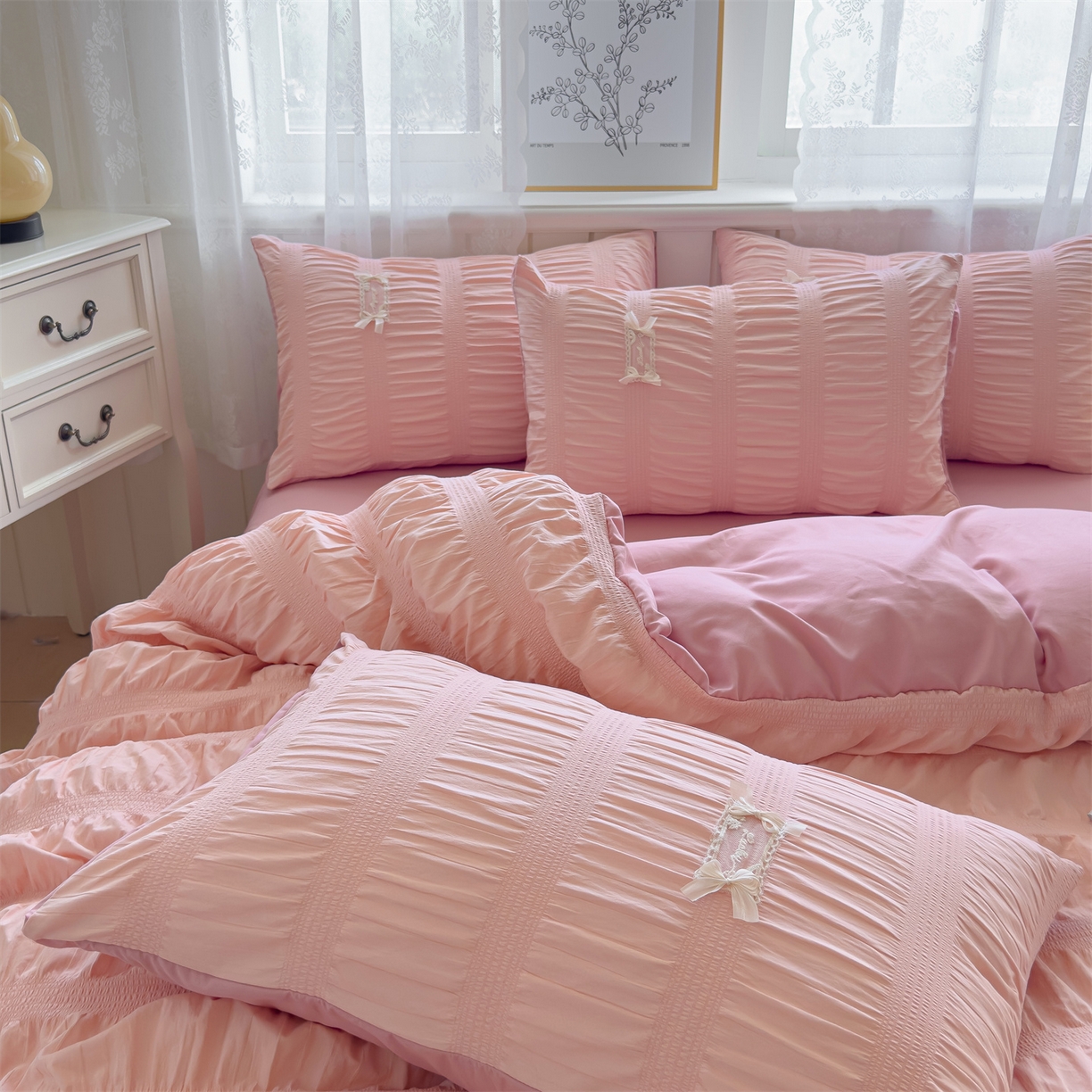 91家纺网 家纺一手货源 找家纺 梦庭帛美 2025新款韩版公主风可乐泡泡纱四件套 豆沙粉