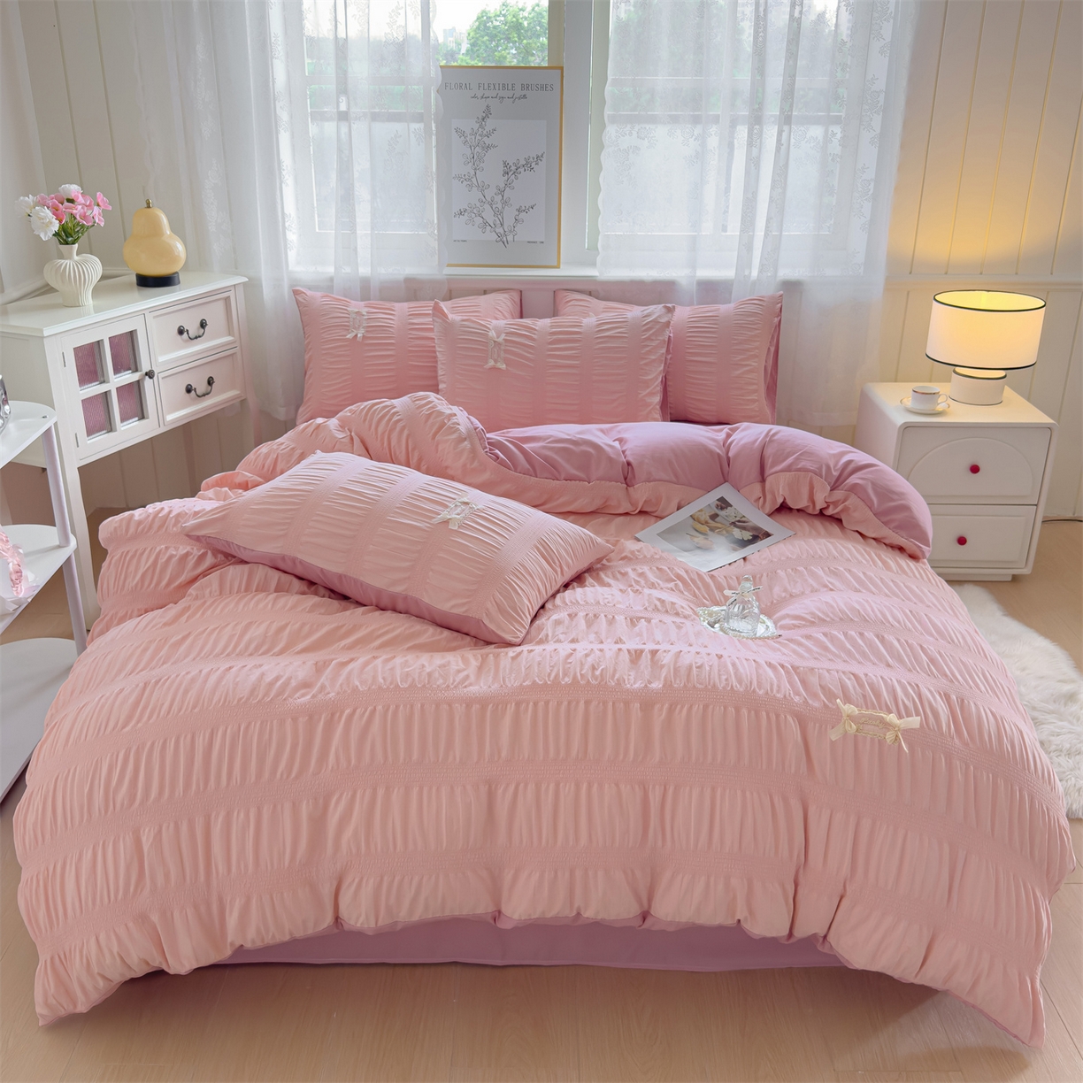 91家纺网 家纺一手货源 找家纺 梦庭帛美 2025新款韩版公主风可乐泡泡纱四件套 豆沙粉