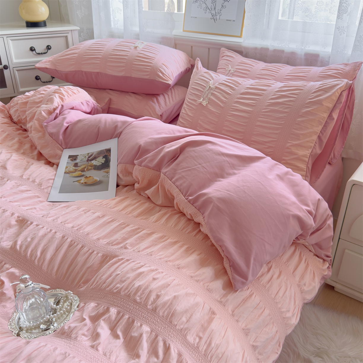 91家纺网 家纺一手货源 找家纺 梦庭帛美 2025新款韩版公主风可乐泡泡纱四件套 豆沙粉