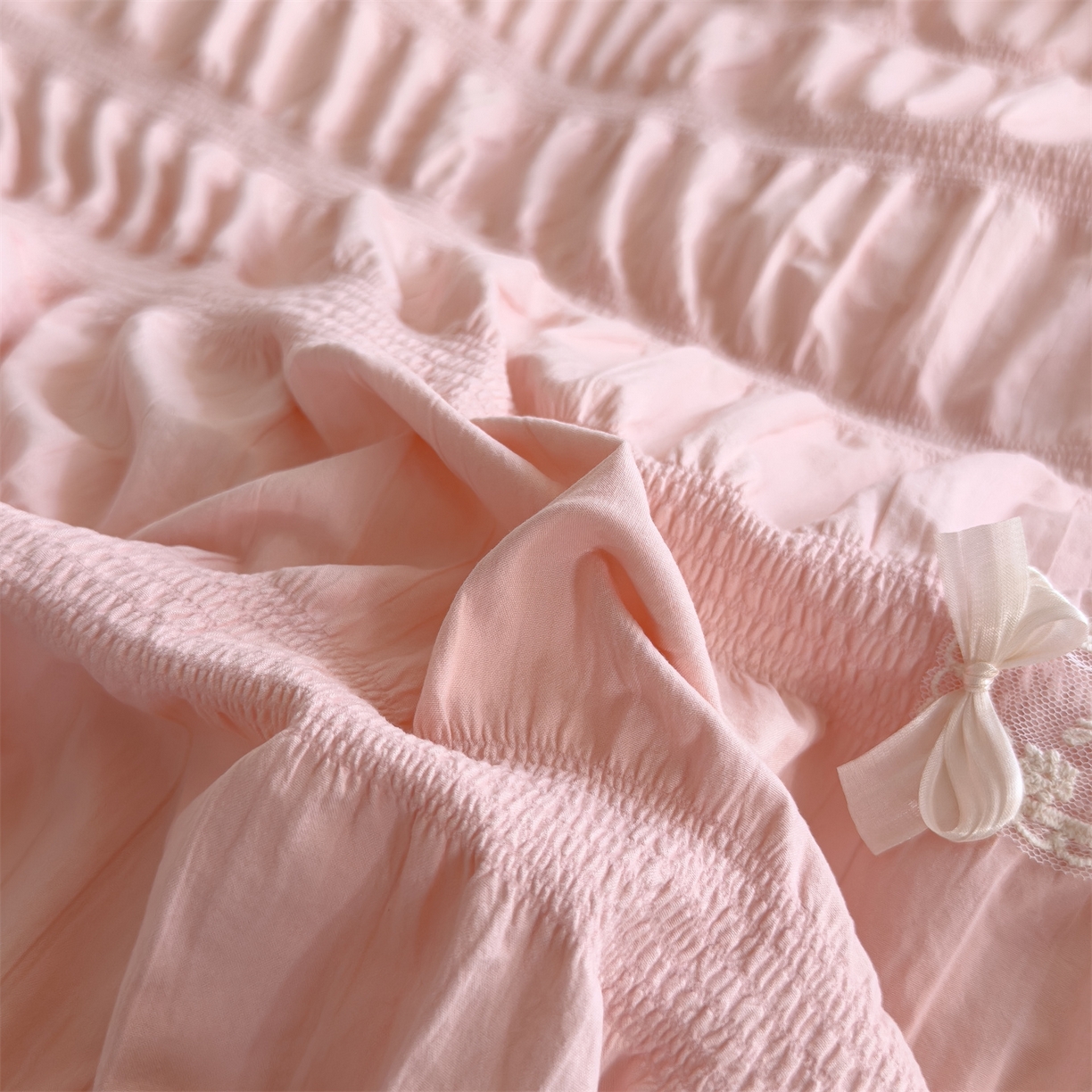 91家纺网 家纺一手货源 找家纺 梦庭帛美 2025新款韩版公主风可乐泡泡纱四件套 豆沙粉