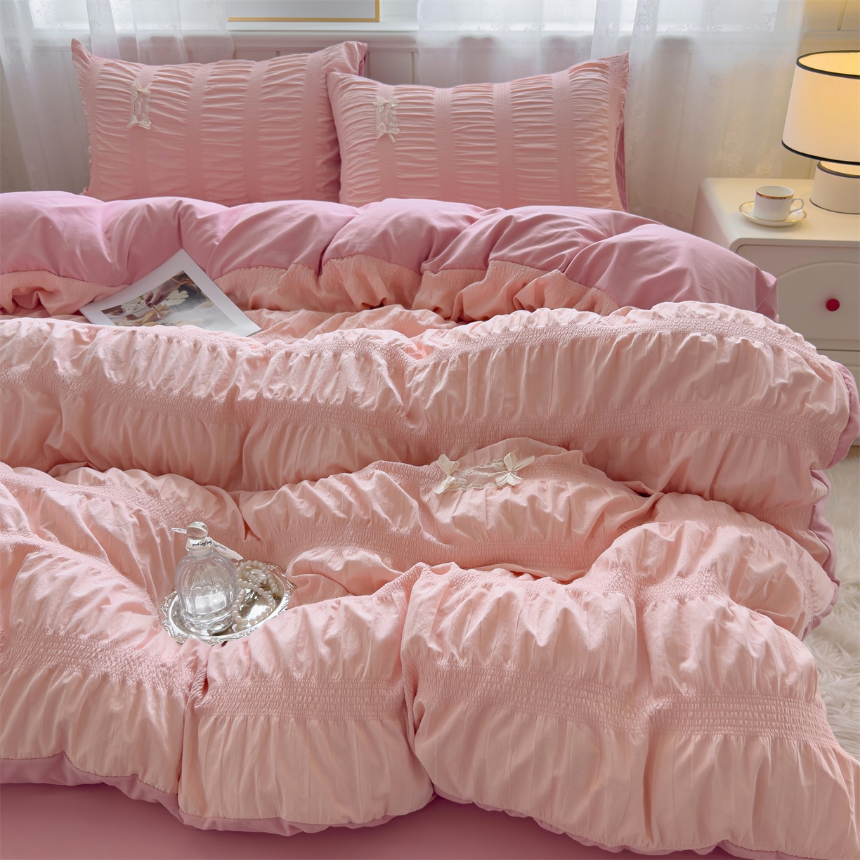 91家纺网 家纺一手货源 找家纺 梦庭帛美 2025新款韩版公主风可乐泡泡纱四件套 豆沙粉