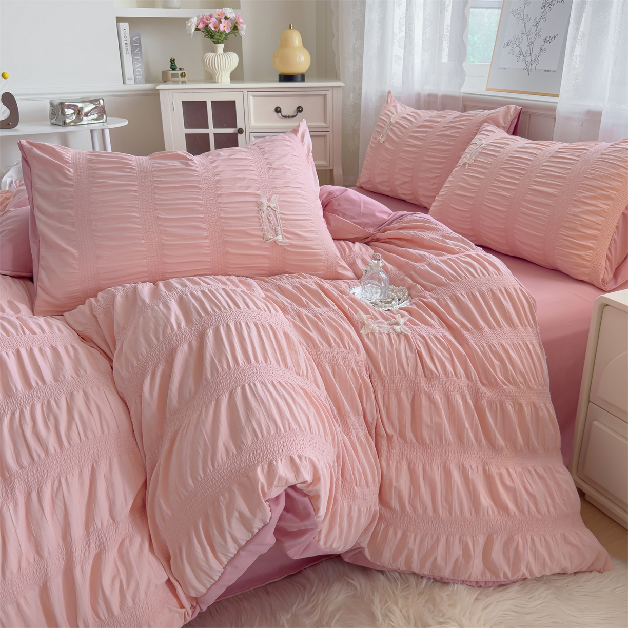 91家纺网 家纺一手货源 找家纺 梦庭帛美 2025新款韩版公主风可乐泡泡纱四件套 豆沙粉