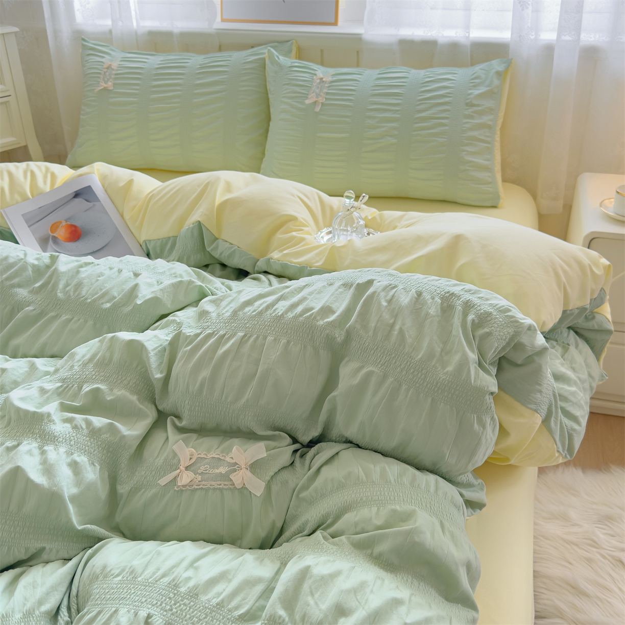 91家纺网 家纺一手货源 找家纺 梦庭帛美 2025新款韩版公主风可乐泡泡纱四件套 豆沙粉