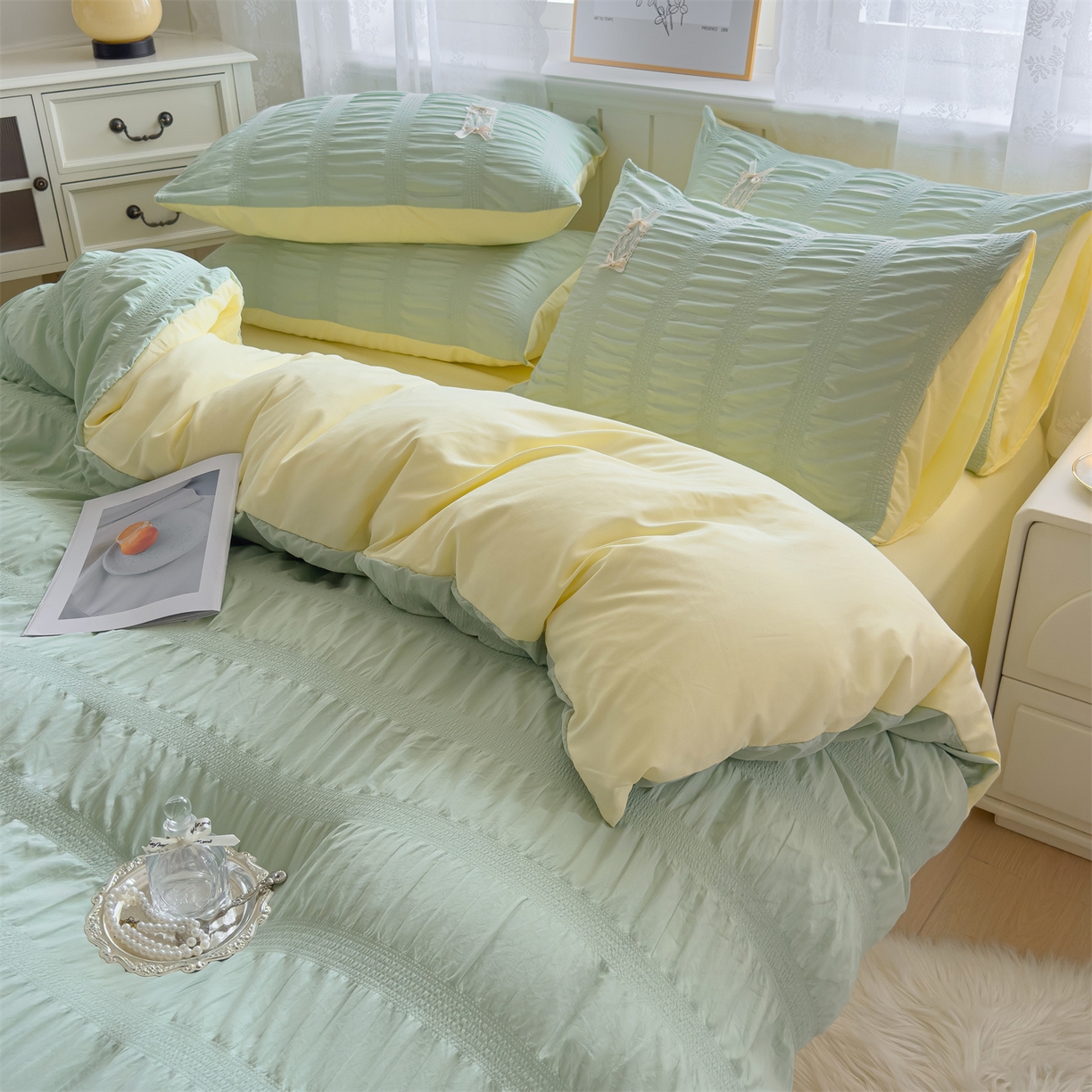 91家纺网 家纺一手货源 找家纺 梦庭帛美 2025新款韩版公主风可乐泡泡纱四件套 豆沙粉