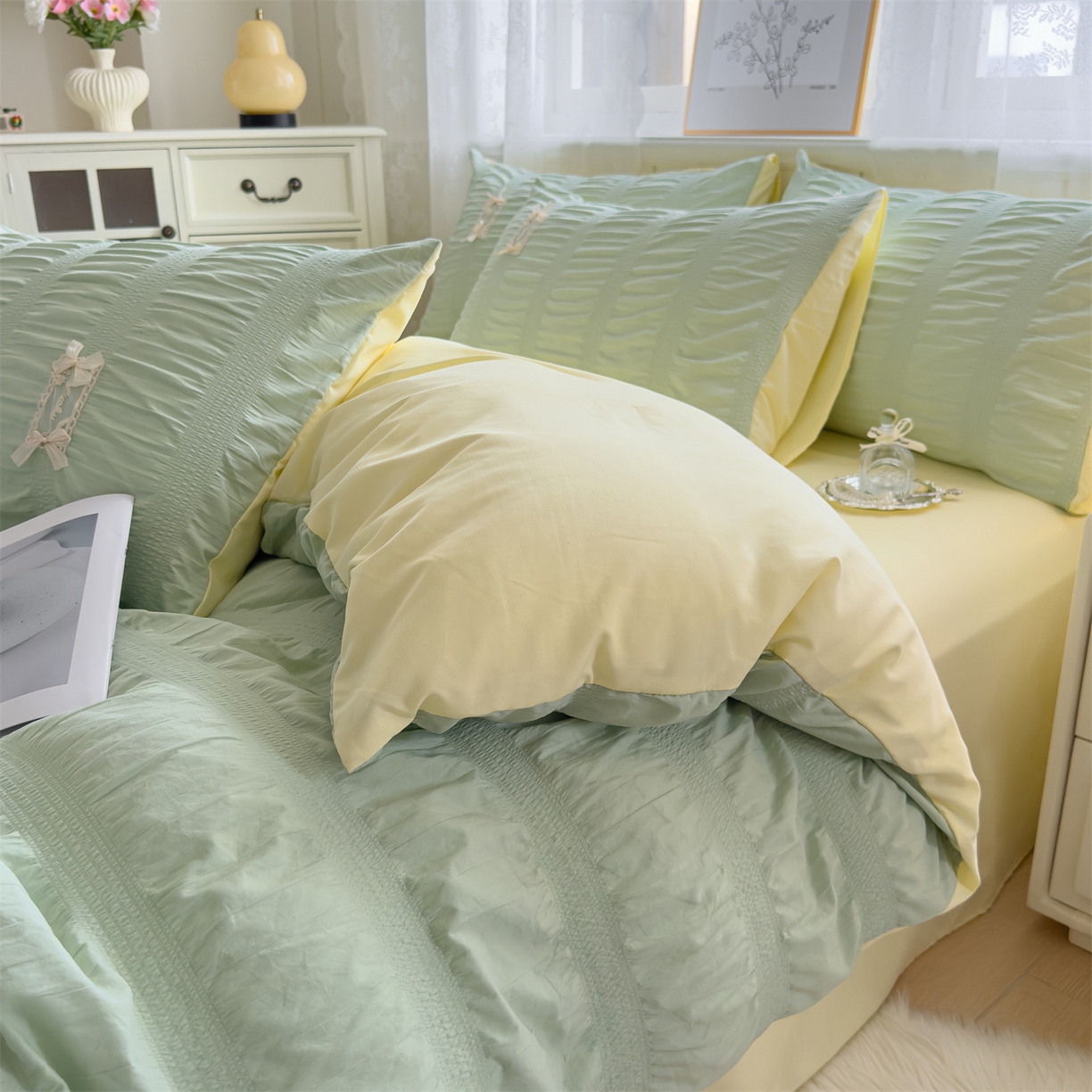 91家纺网 家纺一手货源 找家纺 梦庭帛美 2025新款韩版公主风可乐泡泡纱四件套 豆沙粉