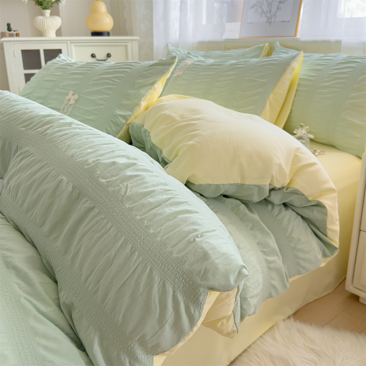 91家纺网 家纺一手货源 找家纺 梦庭帛美 2025新款韩版公主风可乐泡泡纱四件套 豆沙粉