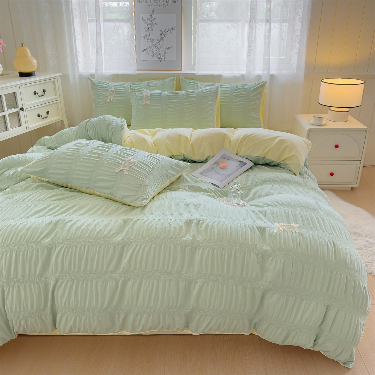 91家纺网 家纺一手货源 找家纺 梦庭帛美 2025新款韩版公主风可乐泡泡纱四件套 豆沙粉