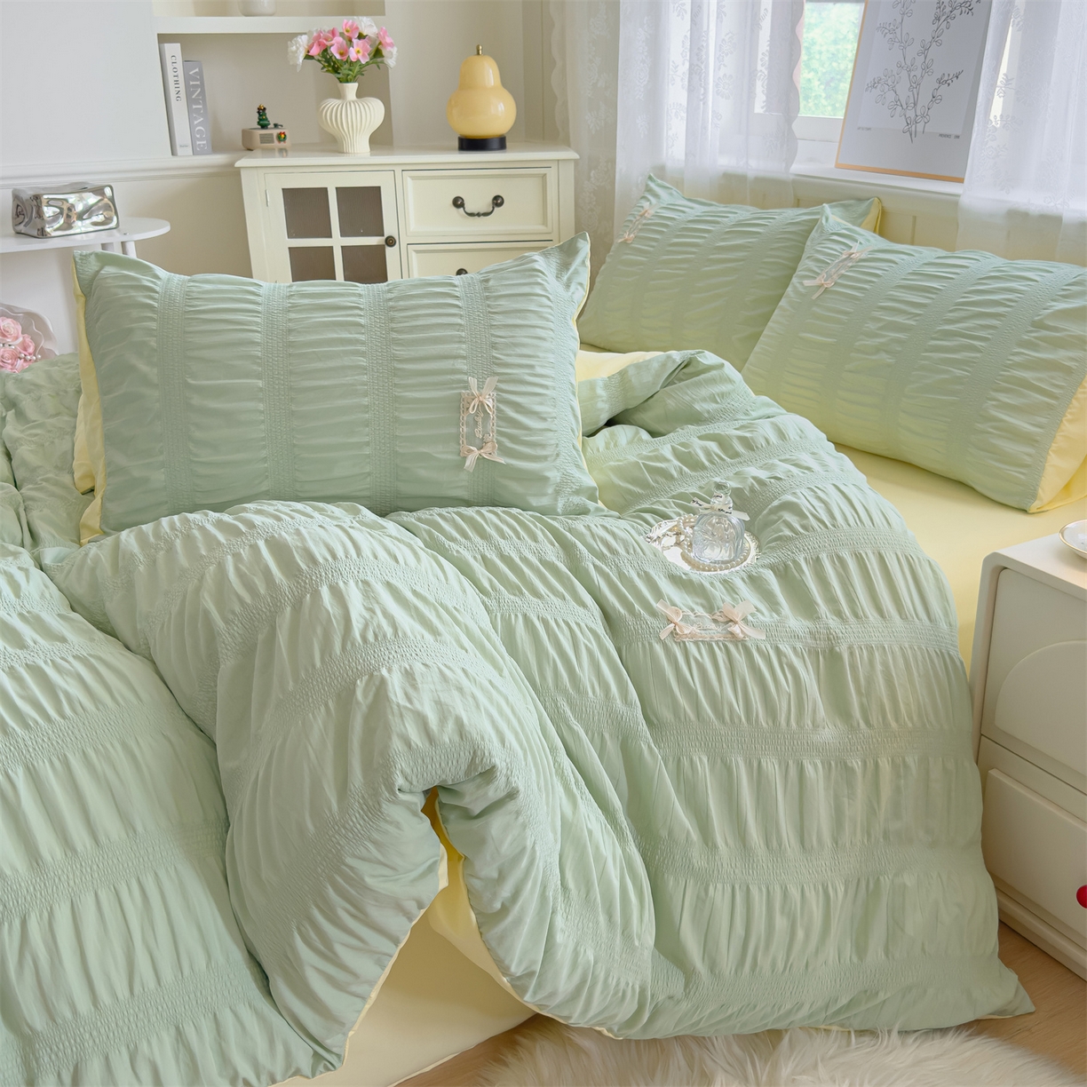 91家纺网 家纺一手货源 找家纺 梦庭帛美 2025新款韩版公主风可乐泡泡纱四件套 豆沙粉