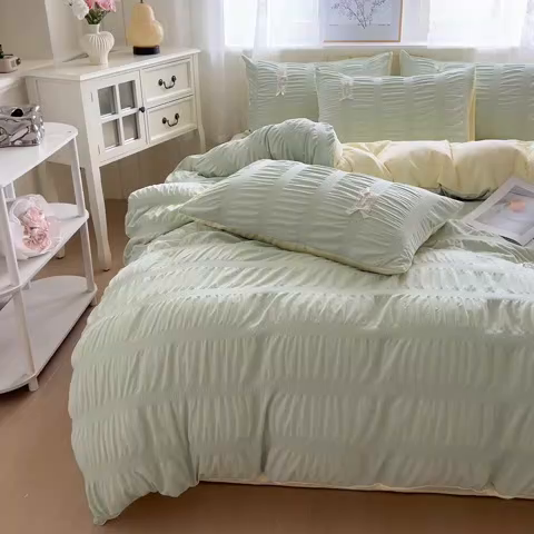 91家纺网 家纺一手货源 找家纺 梦庭帛美 2025新款韩版公主风可乐泡泡纱四件套 豆沙粉