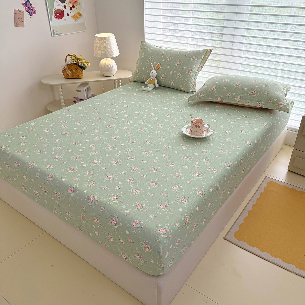 91家纺网 家纺一手货源 找家纺 壹贝家纺 2025新款A类印花全棉床笠 沐熙花-绿