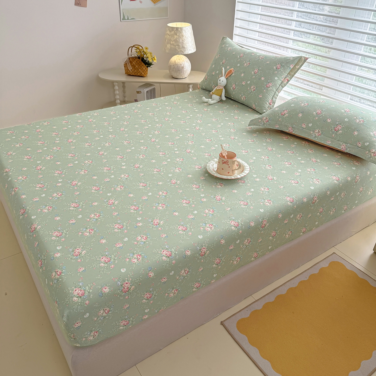 91家纺网 家纺一手货源 找家纺 壹贝家纺 2025新款A类印花全棉床笠 沐熙花-绿