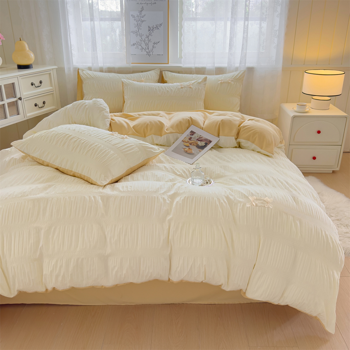 91家纺网 家纺一手货源 找家纺 梦庭帛美 2025新款韩版公主风可乐泡泡纱四件套 抹茶绿