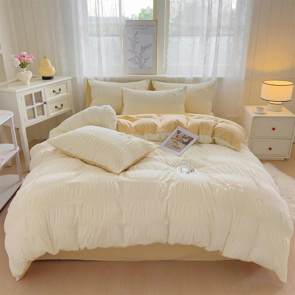 91家纺网 家纺一手货源 找家纺 梦庭帛美 2025新款韩版公主风可乐泡泡纱四件套 抹茶绿