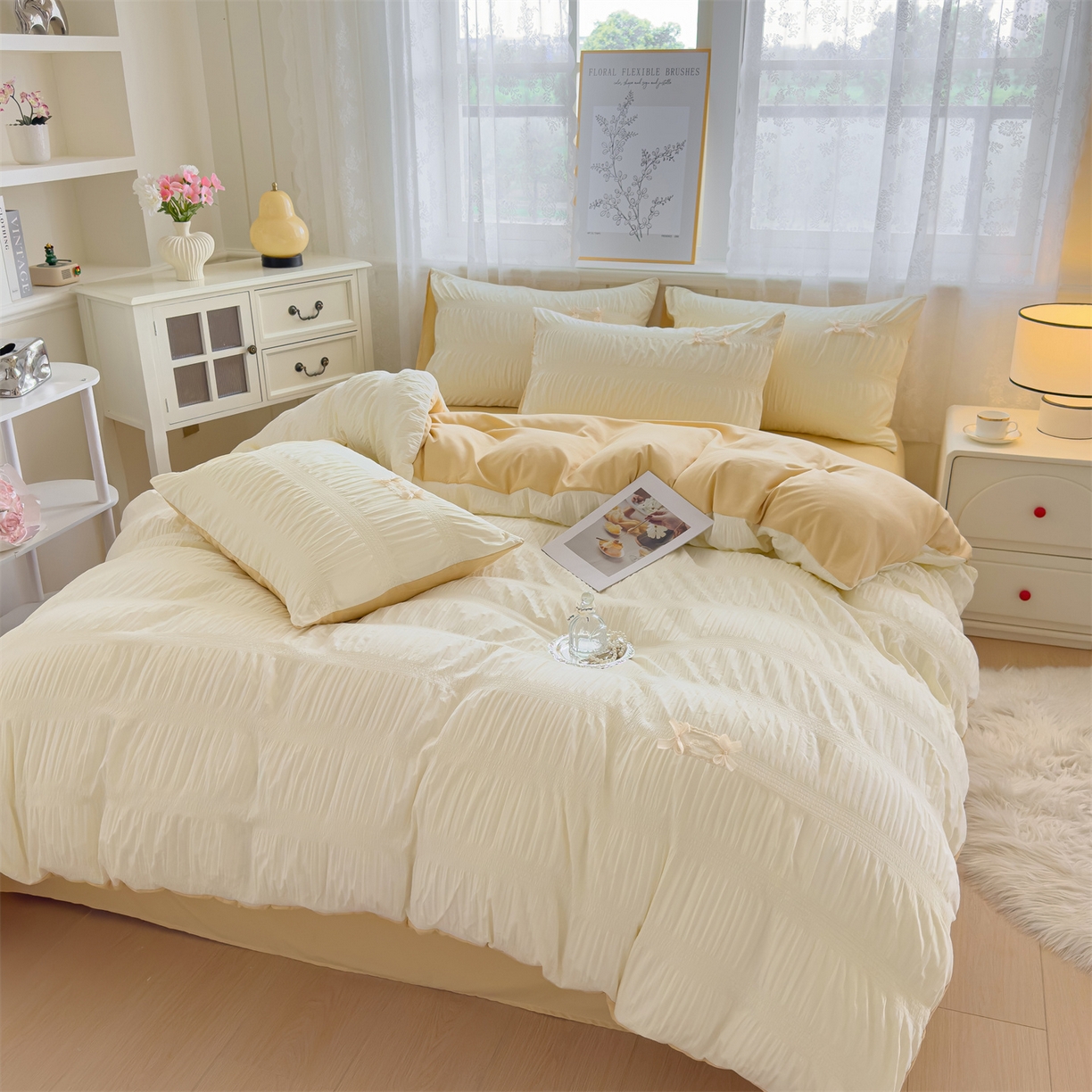 91家纺网 家纺一手货源 找家纺 梦庭帛美 2025新款韩版公主风可乐泡泡纱四件套 抹茶绿