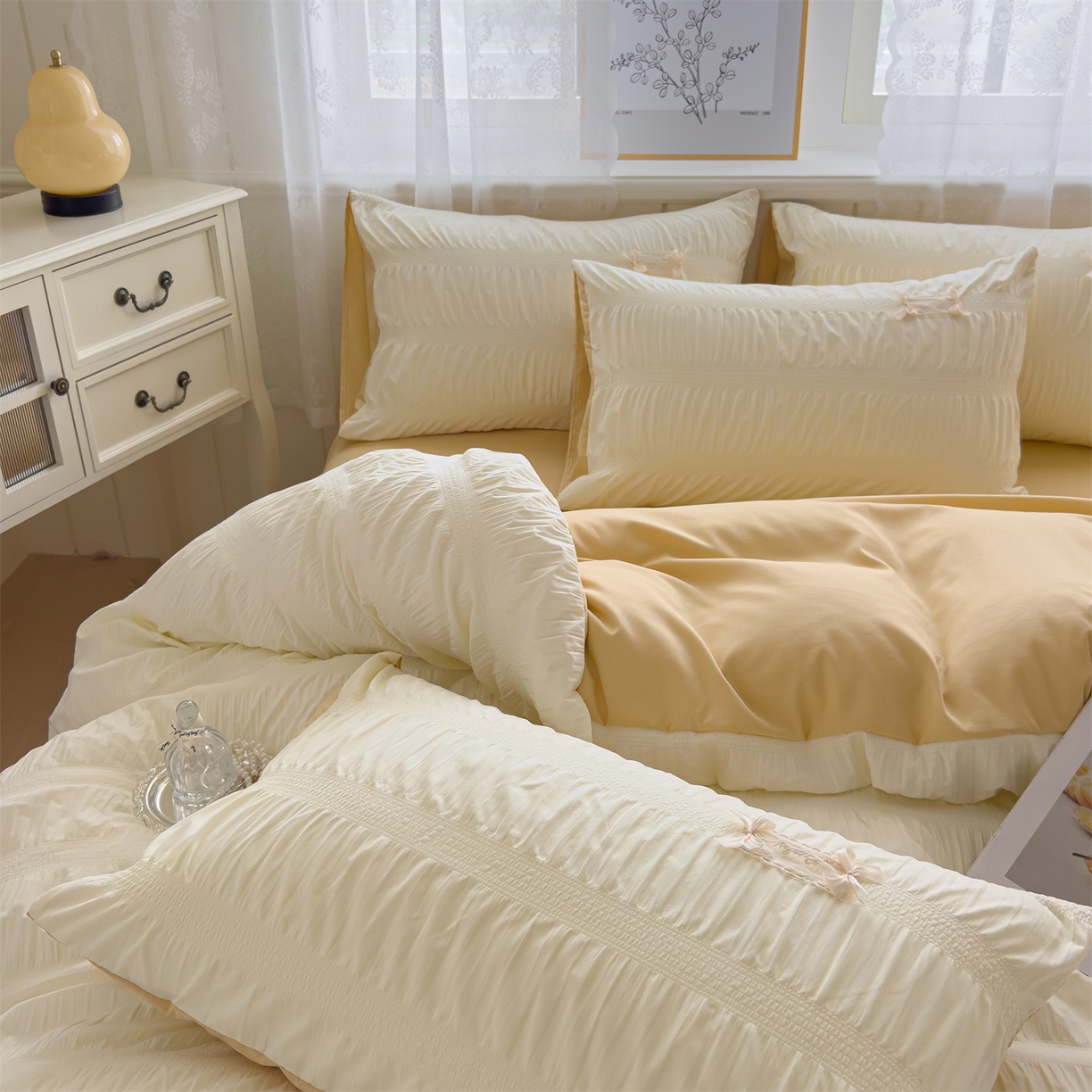 91家纺网 家纺一手货源 找家纺 梦庭帛美 2025新款韩版公主风可乐泡泡纱四件套 抹茶绿