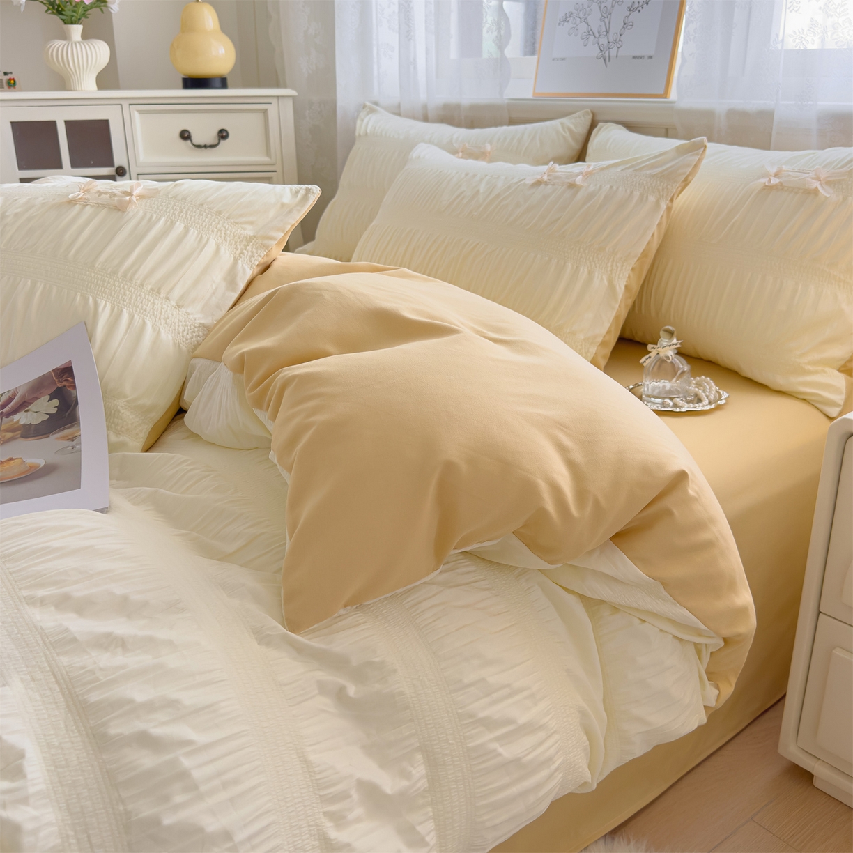 91家纺网 家纺一手货源 找家纺 梦庭帛美 2025新款韩版公主风可乐泡泡纱四件套 抹茶绿