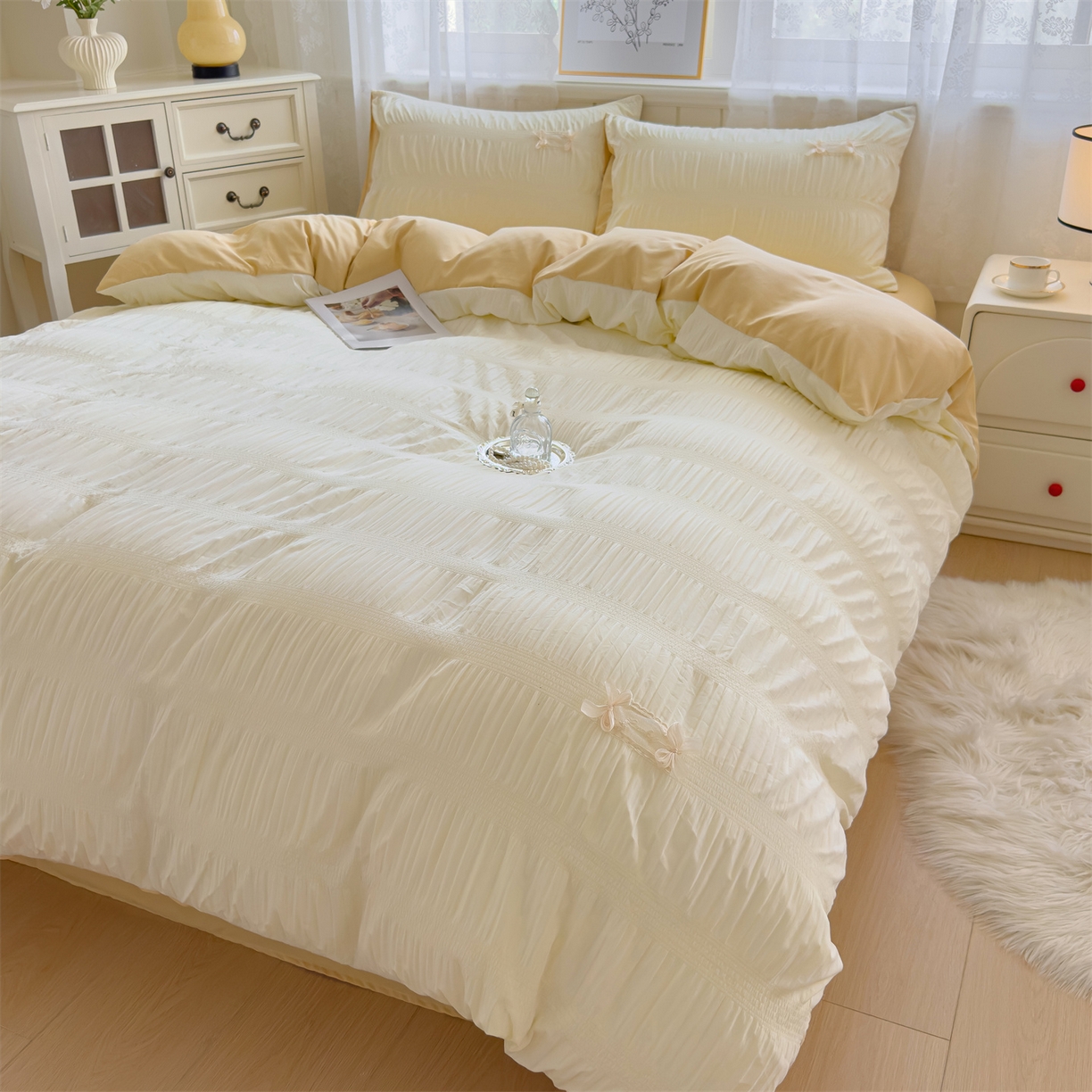 91家纺网 家纺一手货源 找家纺 梦庭帛美 2025新款韩版公主风可乐泡泡纱四件套 抹茶绿