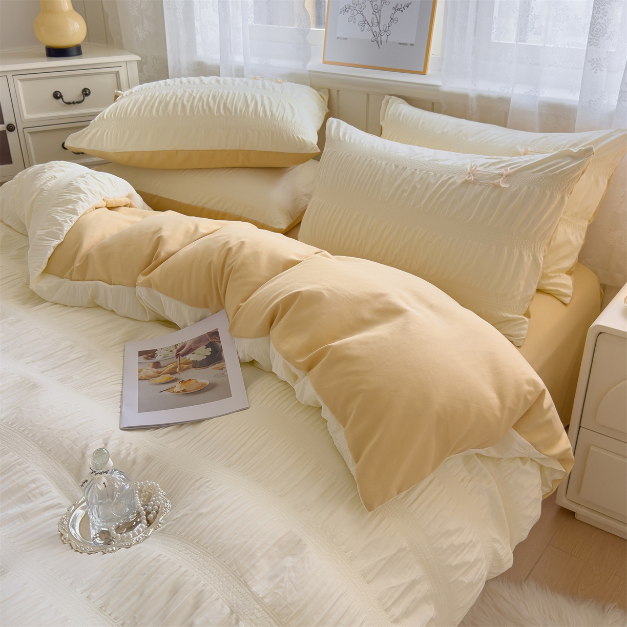 91家纺网 家纺一手货源 找家纺 梦庭帛美 2025新款韩版公主风可乐泡泡纱四件套 抹茶绿