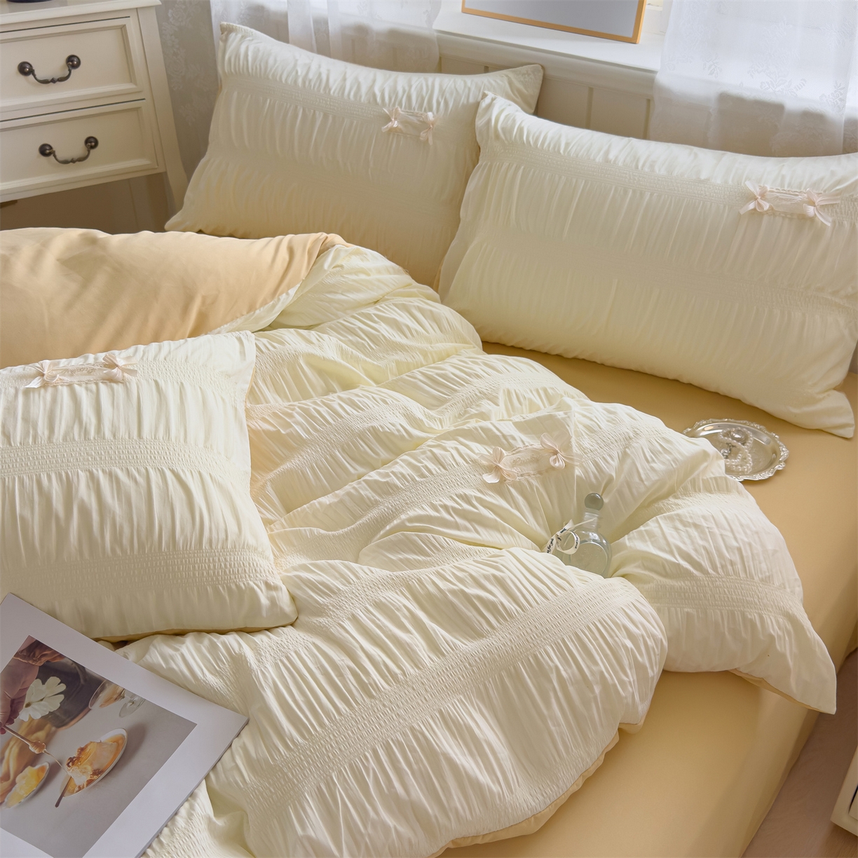 91家纺网 家纺一手货源 找家纺 梦庭帛美 2025新款韩版公主风可乐泡泡纱四件套 抹茶绿