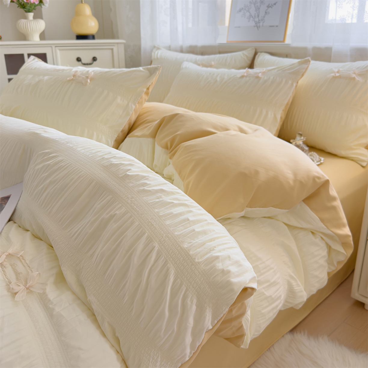 91家纺网 家纺一手货源 找家纺 梦庭帛美 2025新款韩版公主风可乐泡泡纱四件套 抹茶绿