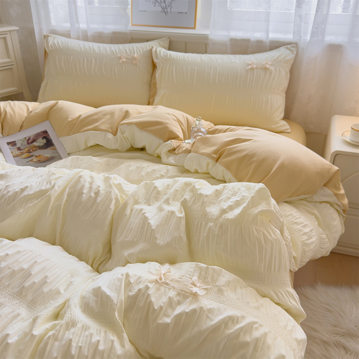 91家纺网 家纺一手货源 找家纺 梦庭帛美 2025新款韩版公主风可乐泡泡纱四件套 抹茶绿