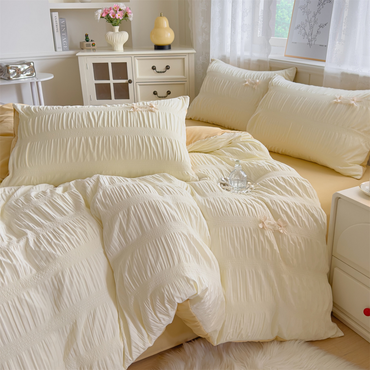 91家纺网 家纺一手货源 找家纺 梦庭帛美 2025新款韩版公主风可乐泡泡纱四件套 抹茶绿