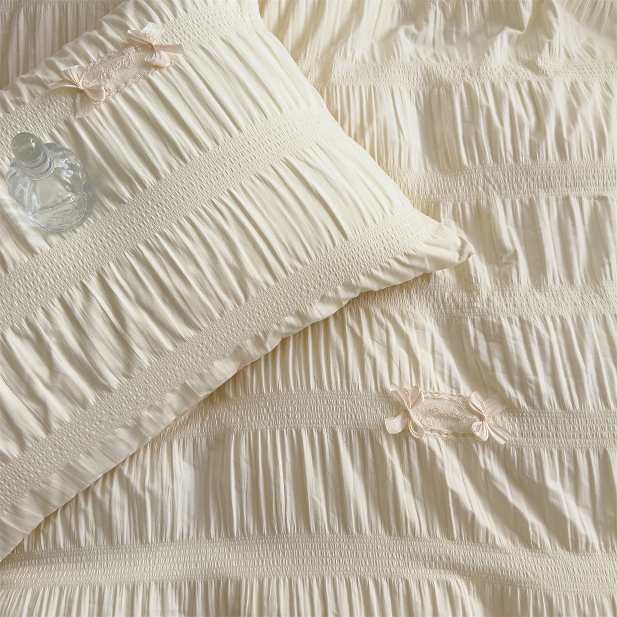 91家纺网 家纺一手货源 找家纺 梦庭帛美 2025新款韩版公主风可乐泡泡纱四件套 抹茶绿