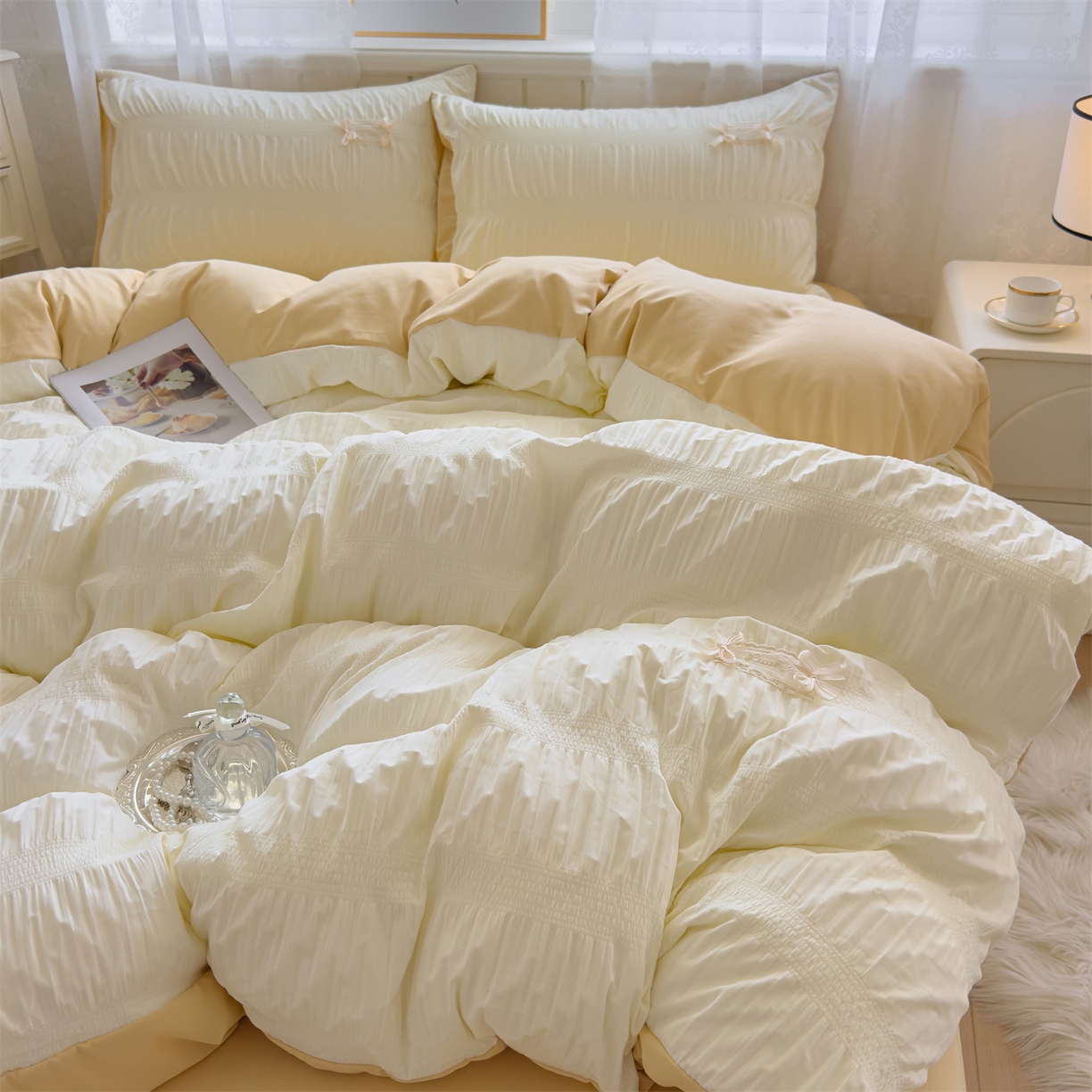 91家纺网 家纺一手货源 找家纺 梦庭帛美 2025新款韩版公主风可乐泡泡纱四件套 抹茶绿