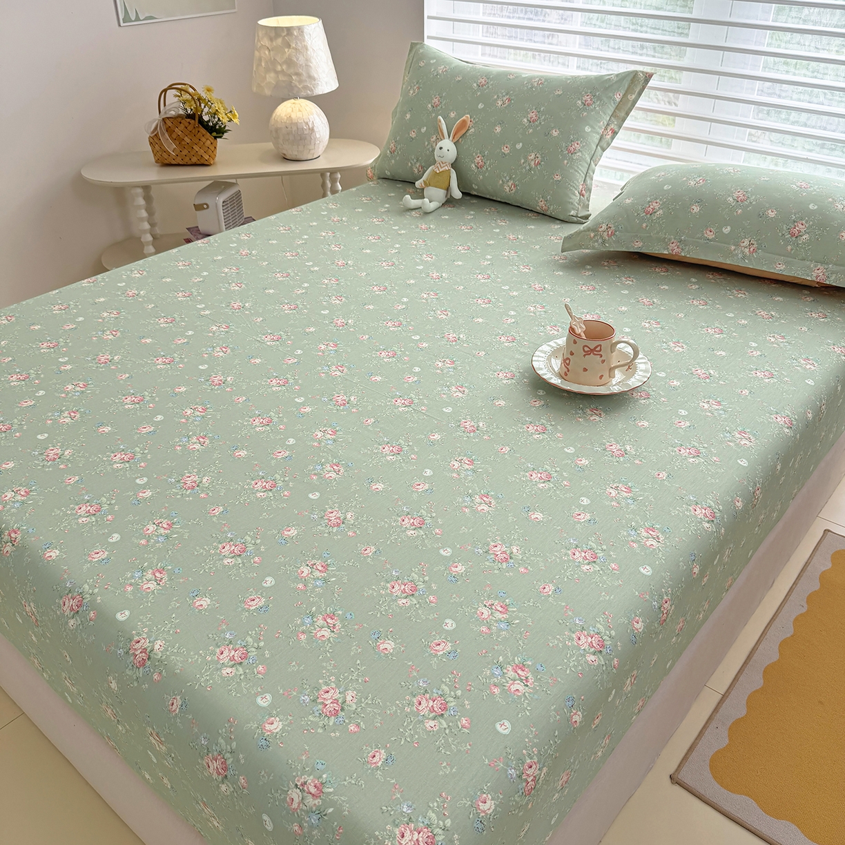 91家纺网 家纺一手货源 找家纺 壹贝家纺 2025新款A类印花全棉床笠 沐熙花-绿